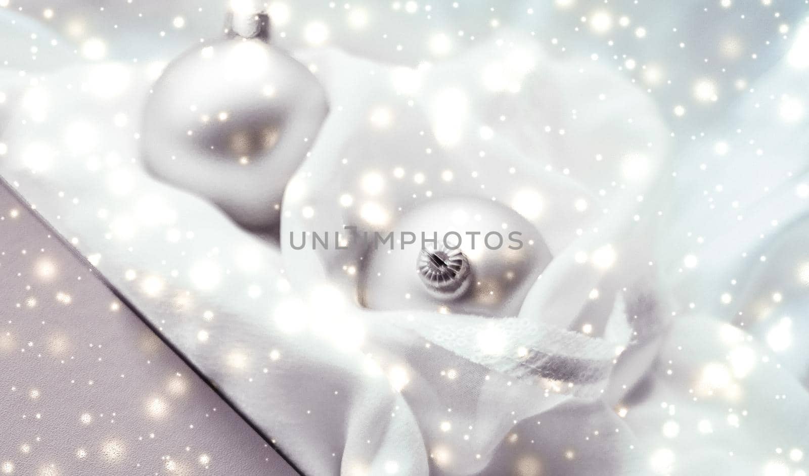 Holidays branding, glamour and decoration concept - Christmas magic holiday background, festive baubles, silver vintage gift box and golden glitter as winter season present for luxury brand design