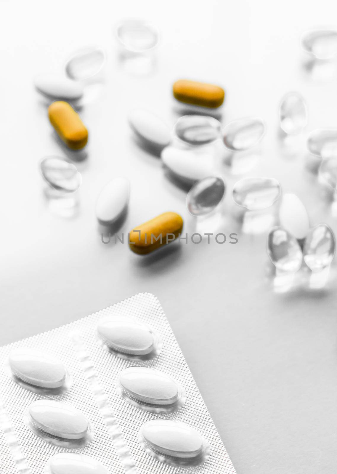 Pharma, branding and lab concept - Pills and capsules for diet nutrition, anti-aging beauty supplements, probiotic drugs, pill vitamins as medicine and healthcare cosmetics, pharmacy brand background