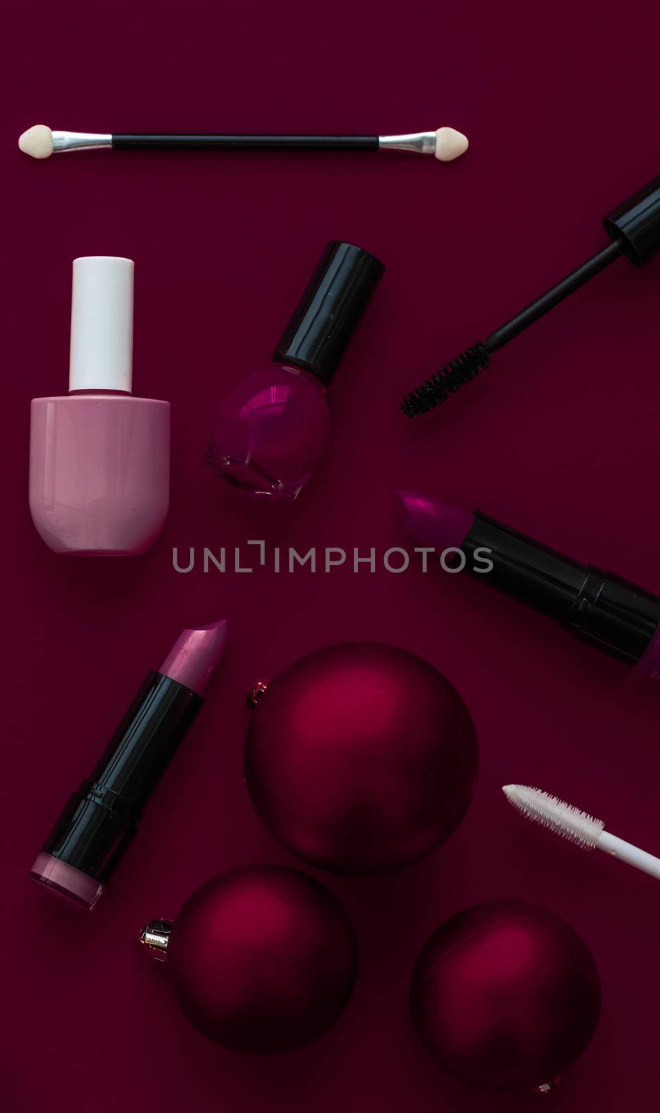 Cosmetic branding, fashion blog cover and girly glamour concept - Make-up and cosmetics product set for beauty brand Christmas sale promotion, luxury burgundy flatlay background as holiday design