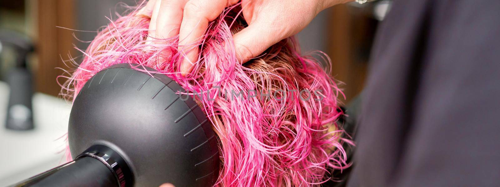 Drying short pink bob hairstyle of a young caucasian woman with a black hair dryer with the brush by hands of a male hairdresser in a hair salon, close up. by okskukuruza