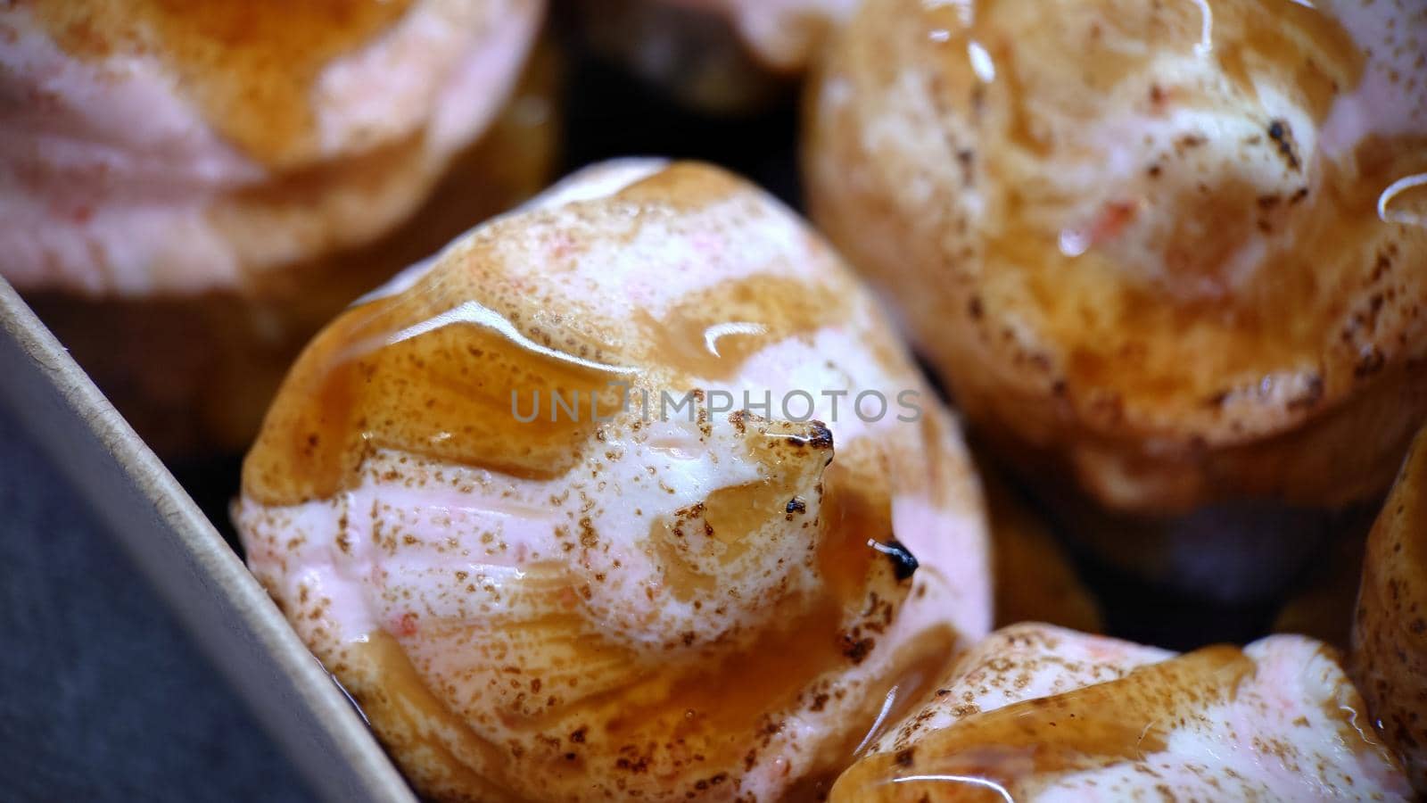 Macrophotography.Sushi with curd white cheese and sauce.Texture or background.View from above
