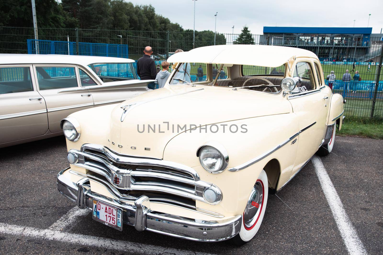 Genk, BELGIUM, August 18, 2021: classic summer meet of oldtimer at The Luminus Arena Genk, grey volvo. High quality photo
