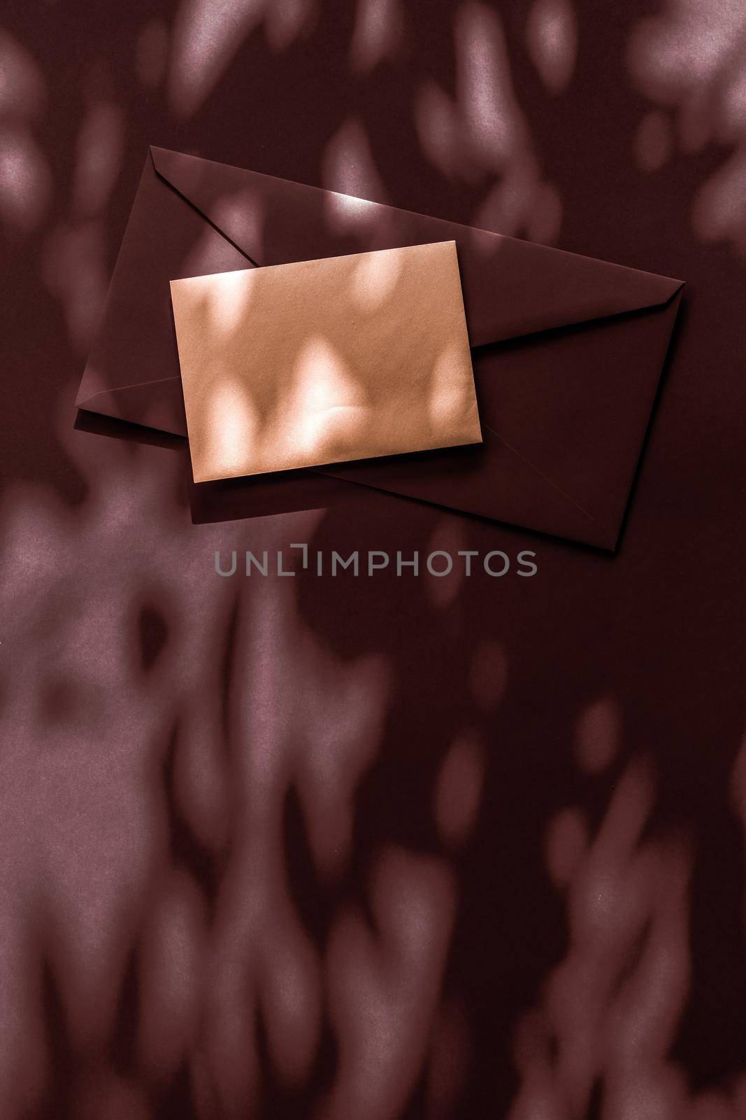 Holiday marketing, business kit and email newsletter concept - Beauty brand identity as flatlay mockup design, business card and letter for online luxury branding on chocolate shadow background