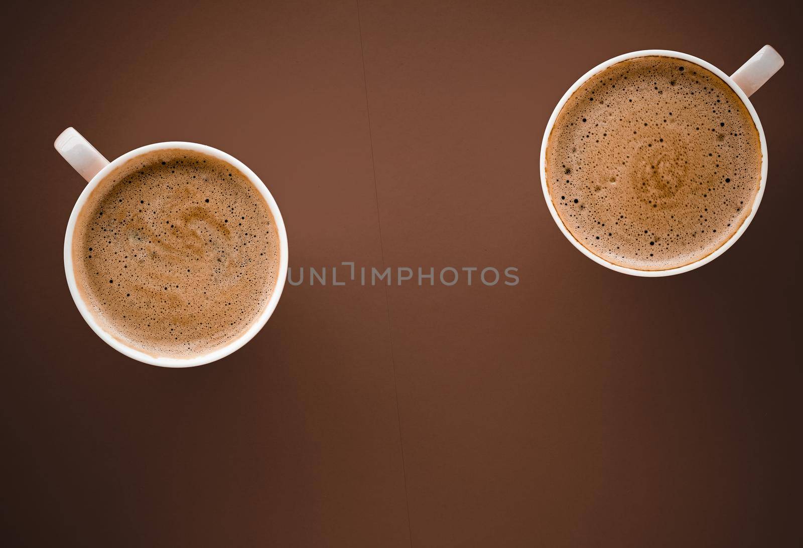 Cup of hot coffee as breakfast drink, flatlay cups on brown background by Anneleven