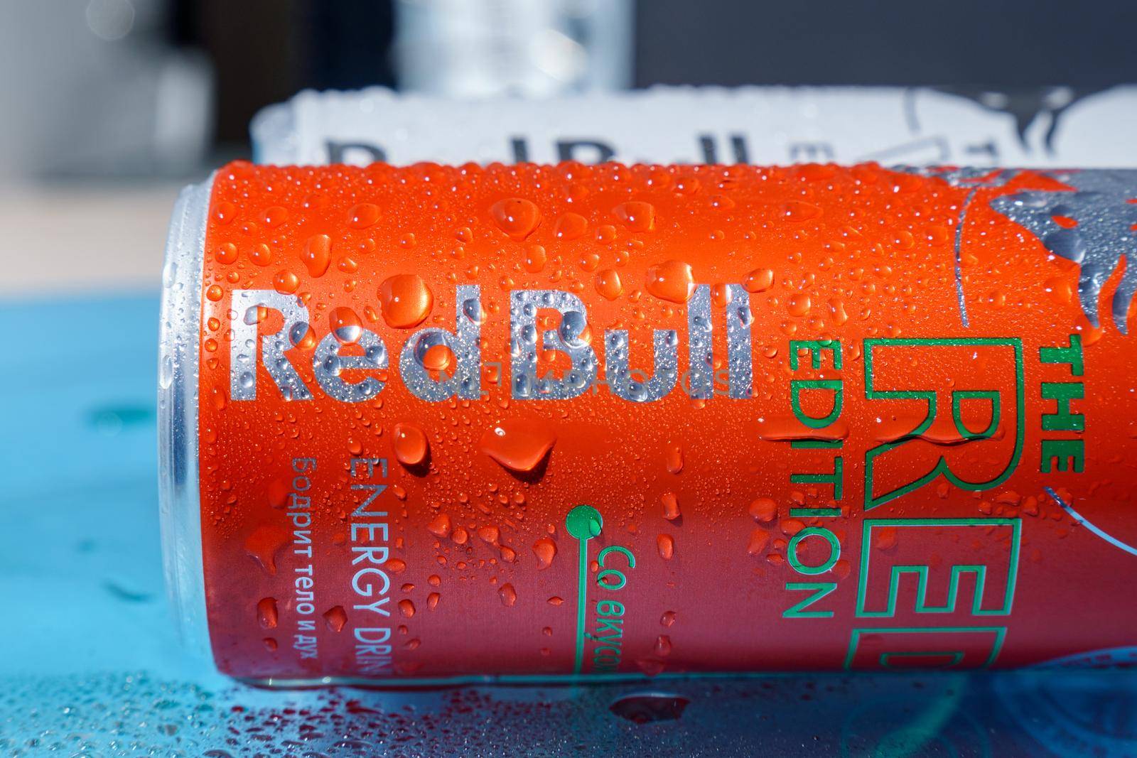 Tyumen, Russia-September 27, 2022: Red Bull is an energy drink sold by Austrian company Red Bull GmbH. Red bull company is the most popular energy brand in the world.