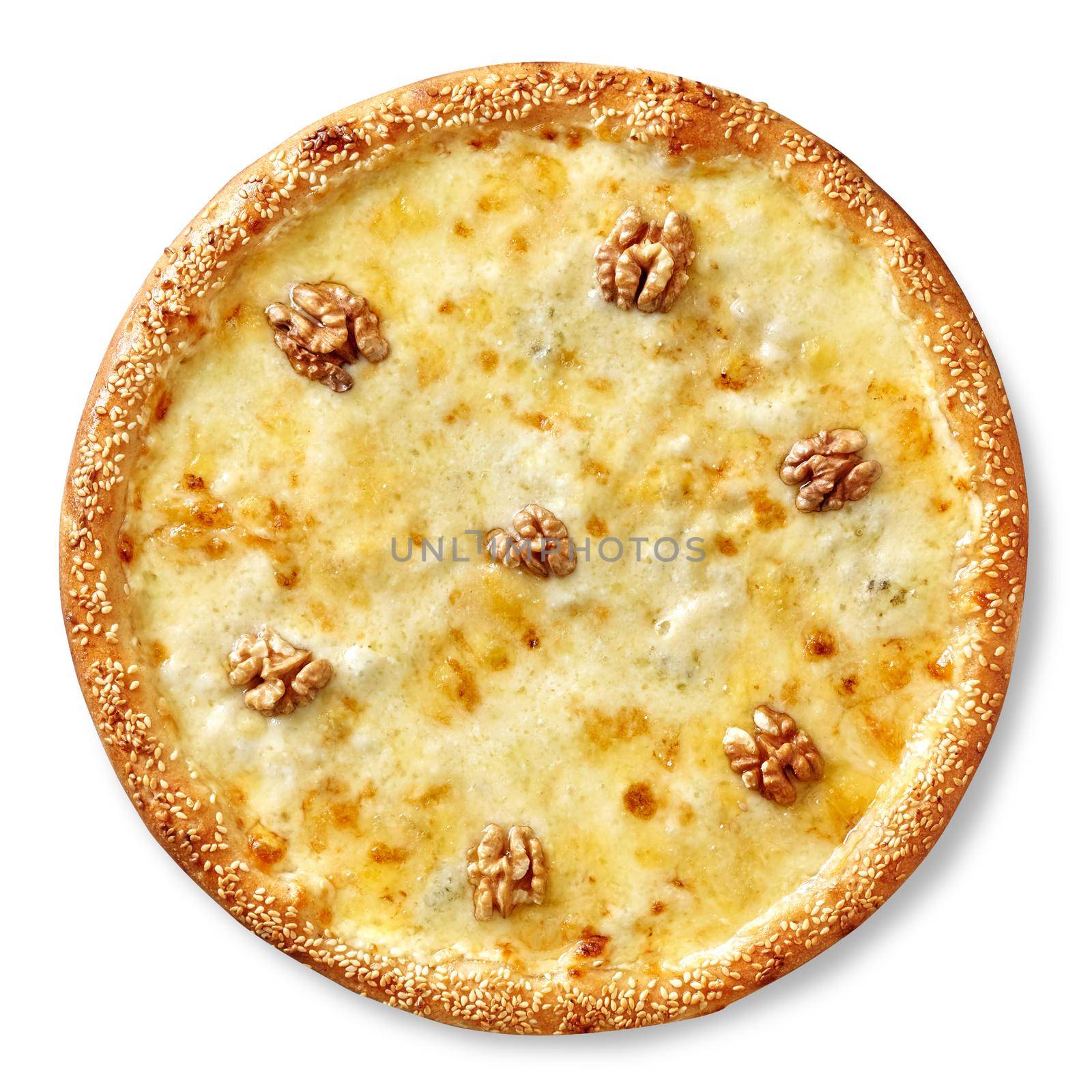 Delicious cheese and cream sauce pizza with mozzarella, parmesan, emmental and gorgonzola garnished with walnut and sesame. Top view isolated on white background