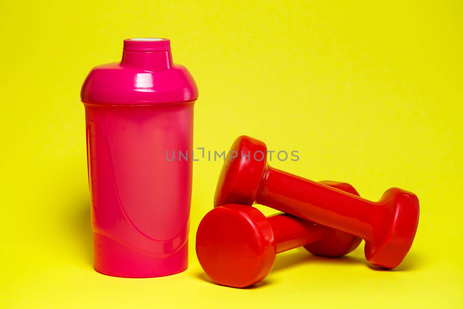 red dumbbells, pink shaker, colored background, sports, energy drink, gym equipment by Dmitrytph