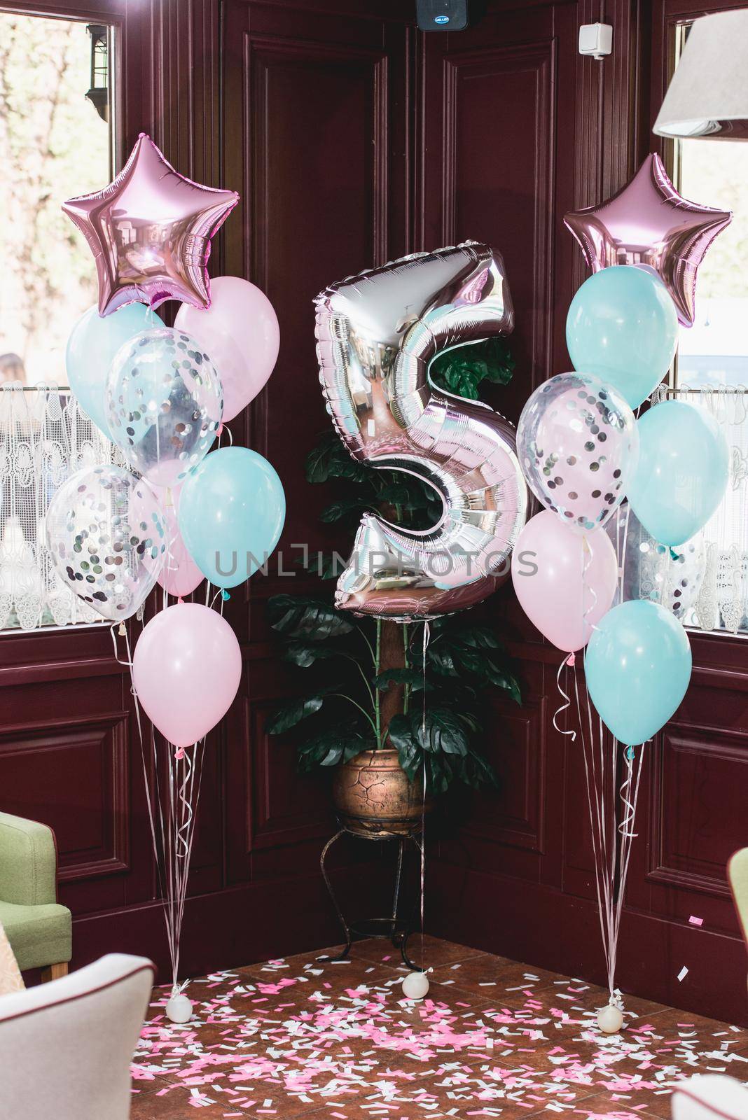 birthday party decorations indoor with baloons of differen shapes by Ashtray25