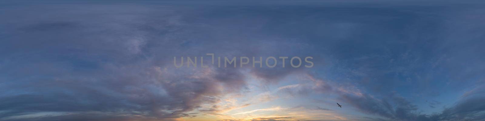 Dark blue sunset sky panorama with pink Cumulus clouds. Seamless hdr 360 pano in spherical equirectangular format. Full zenith for 3D visualization, game, sky replacement for aerial drone panoramas by Matiunina