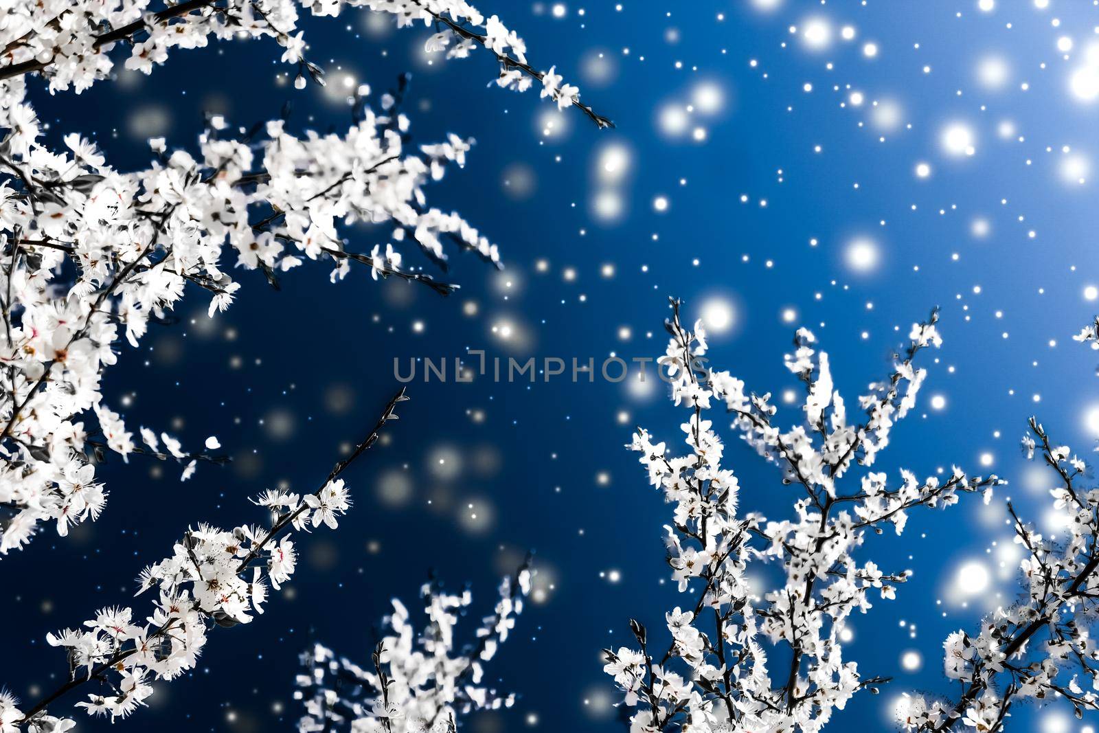 Branding, magic and festive concept - Christmas, New Years blue floral background, holiday card design, flower tree and snow glitter as winter season sale promotion backdrop for luxury beauty brand