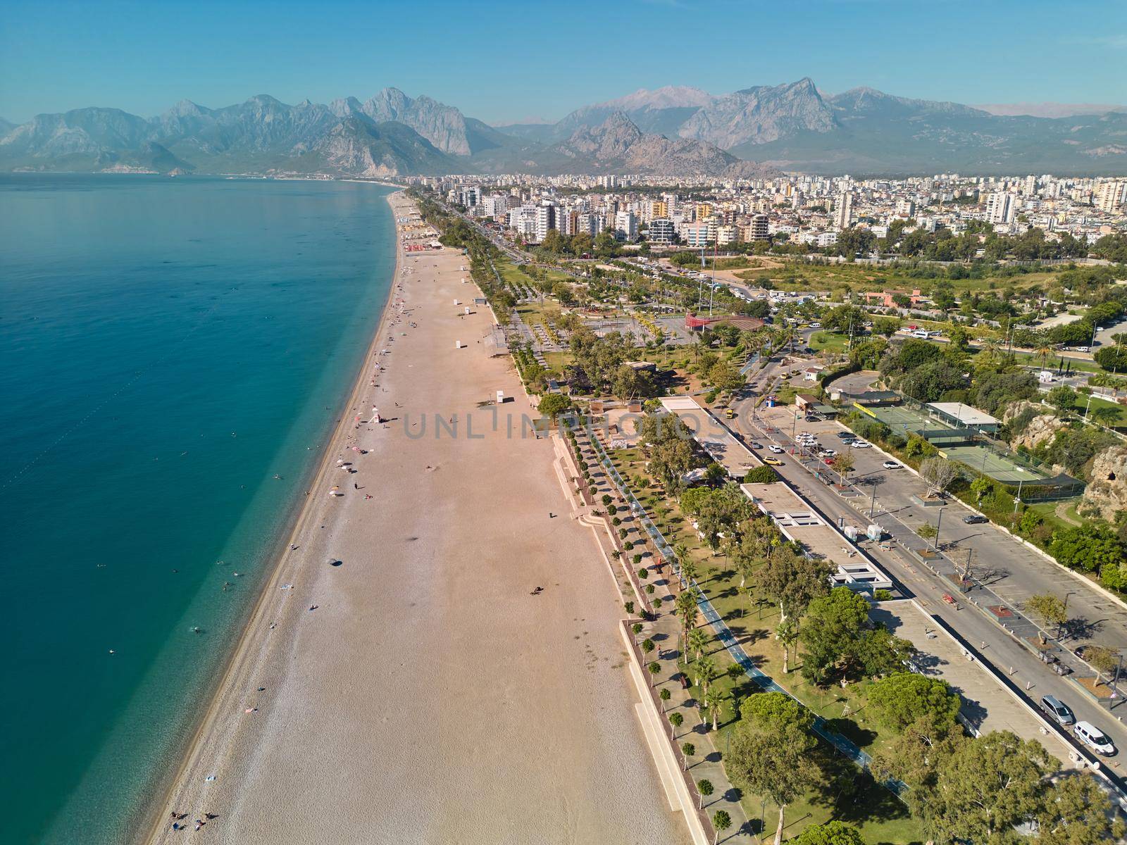 Aerial drone photo of Antalya Konyaalti beach and cliffs. Selective focus