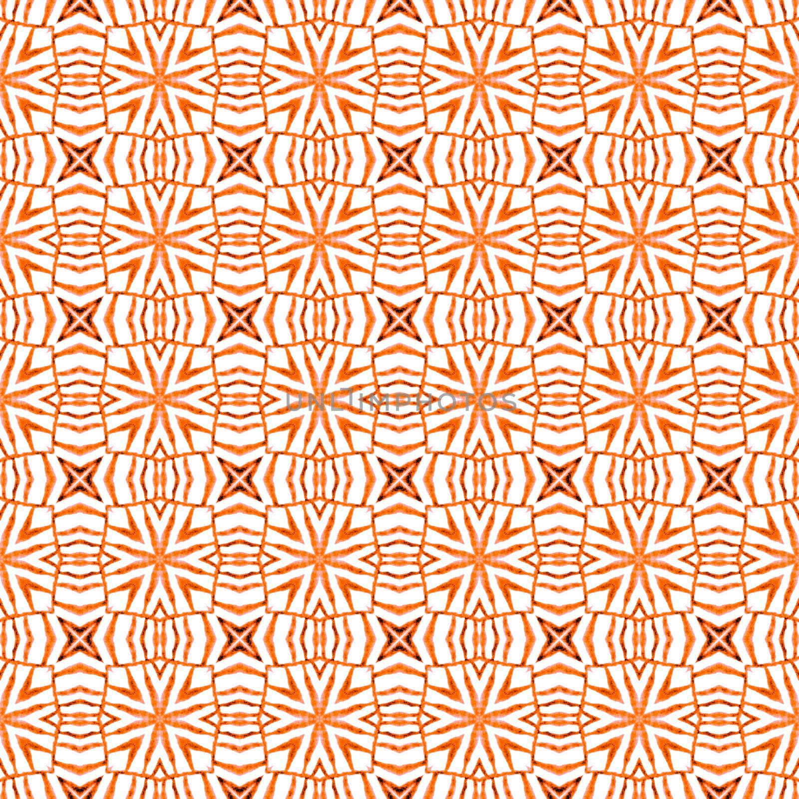 Textile ready positive print, swimwear fabric, wallpaper, wrapping. Orange impressive boho chic summer design. Hand drawn green mosaic seamless border. Mosaic seamless pattern.