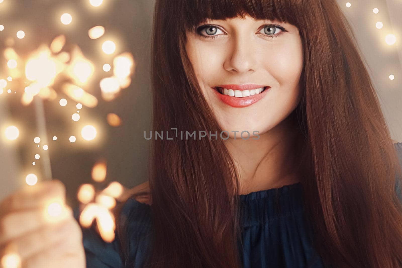 Holiday magic, Christmas and New Year celebration, happy woman with sparklers by Anneleven