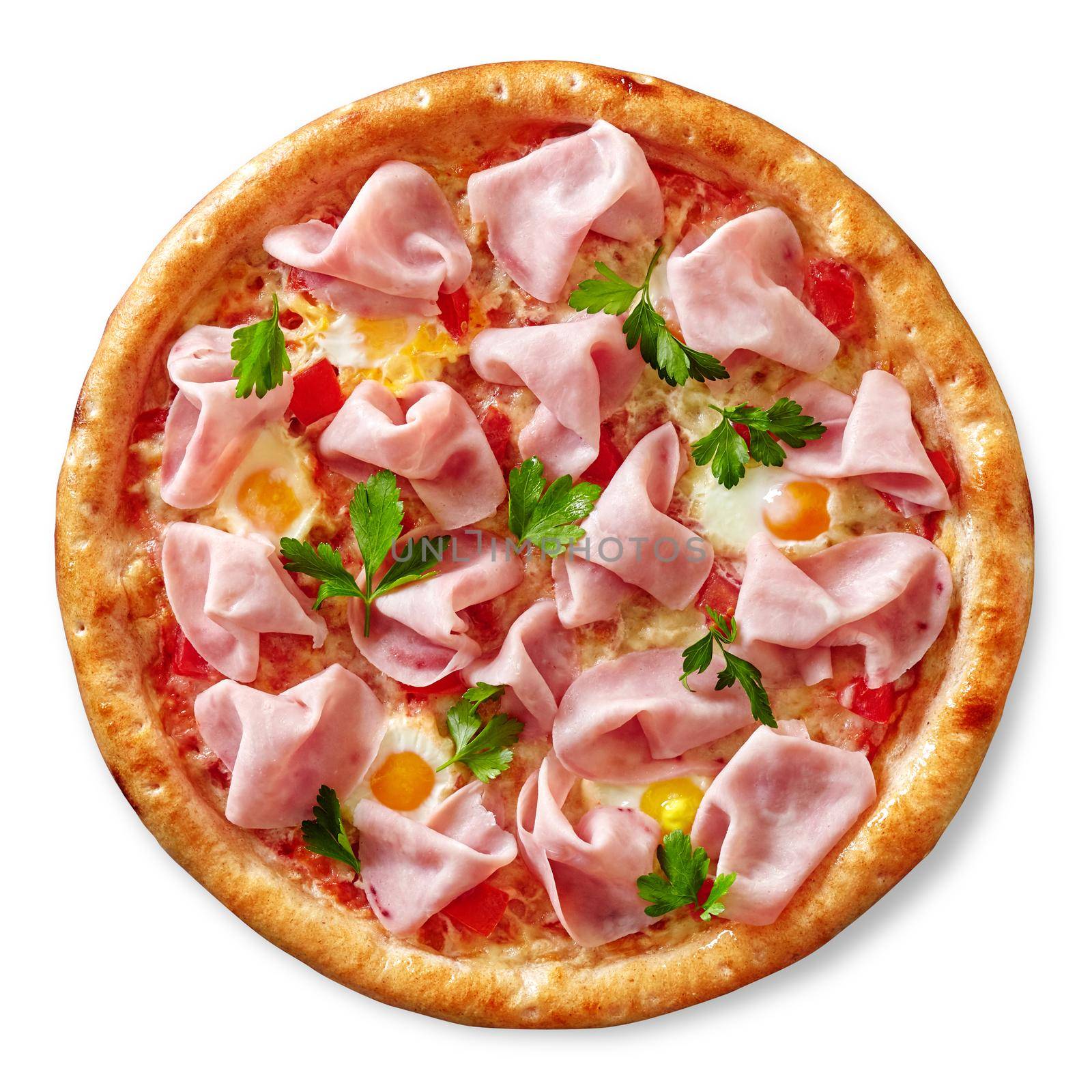 Delicious tender pizza with finely sliced ham, quail eggs and tomatoes on pelati sauce base with melted mozzarella cheese and fresh herbs isolated on white background, top view. Italian dish