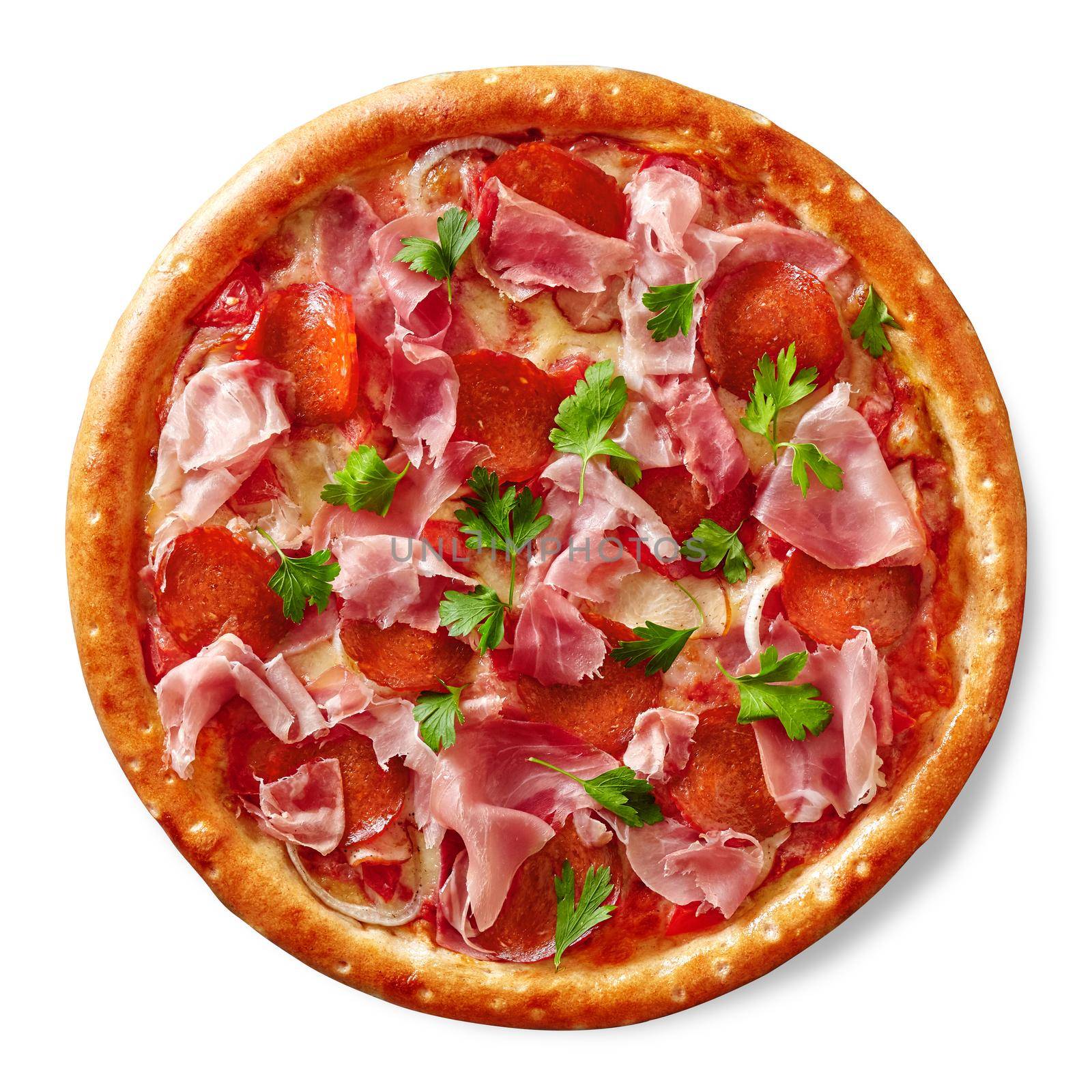 Top view of meat pizza with pelati tomato sauce, mozzarella cheese and filling of salami, smoked chicken, ham and prosciutto slices garnished with fresh parsley leaves isolated on white background
