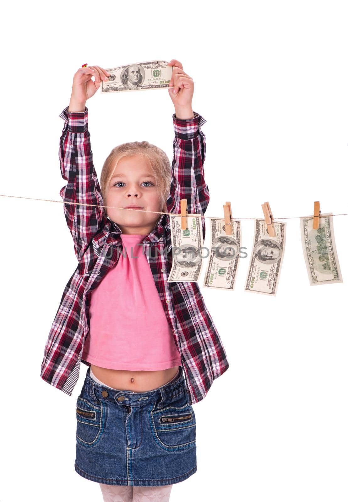 Girl with money. Girl hangs on the money on the rope on a white background by aprilphoto
