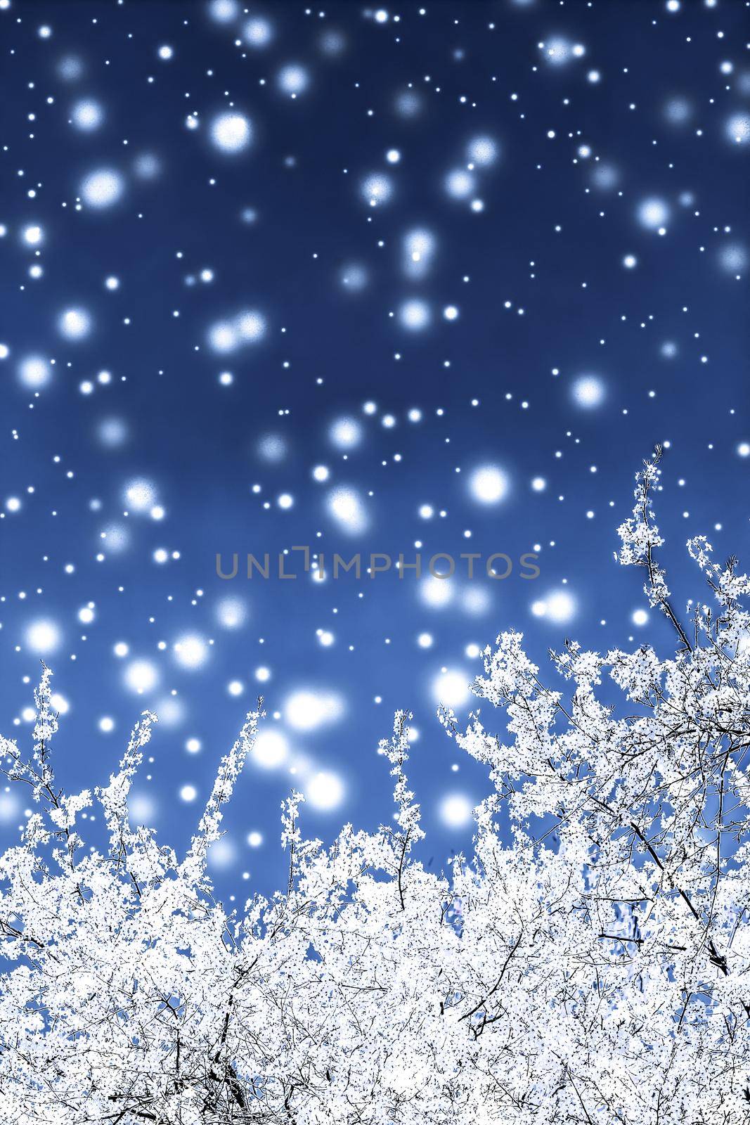 Branding, magic and festive concept - Christmas, New Years blue floral background, holiday card design, flower tree and snow glitter as winter season sale promotion backdrop for luxury beauty brand