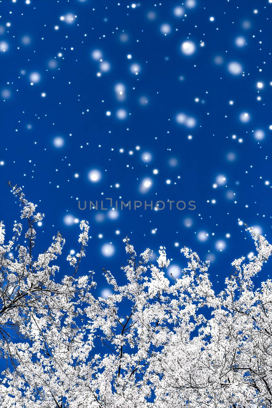 Branding, magic and festive concept - Christmas, New Years blue floral background, holiday card design, flower tree and snow glitter as winter season sale promotion backdrop for luxury beauty brand