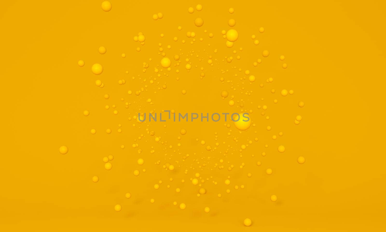 Explosion of yellow particles. floating spheres on studio background. Agility concept, make up. 3d rendering.