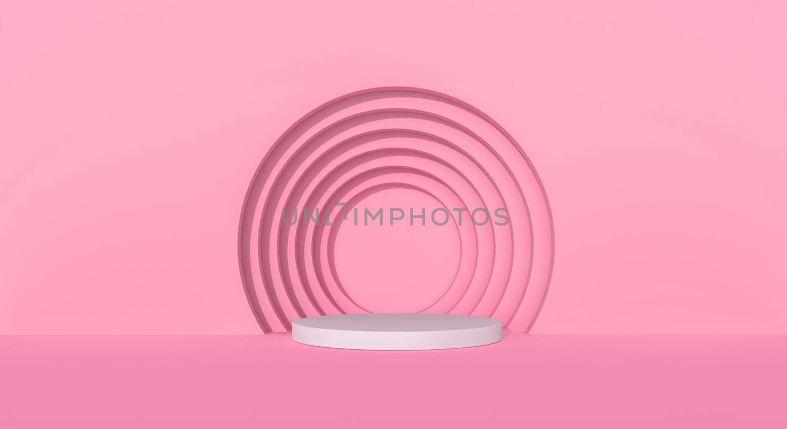 White podium with pink circles studio background. 3d rendering.