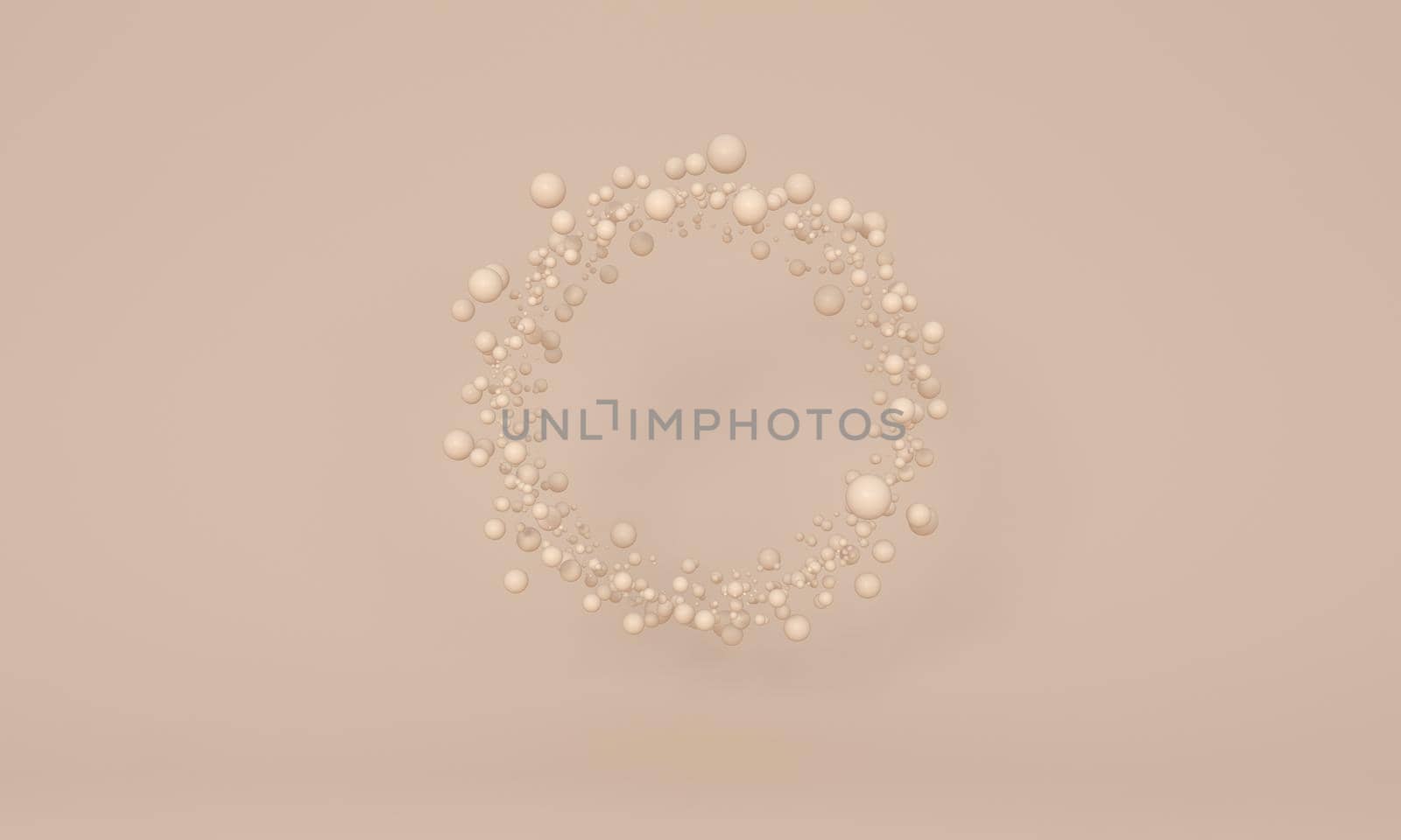 Skin colour floating spheres forming a circle on studio background. Make up. 3d rendering.