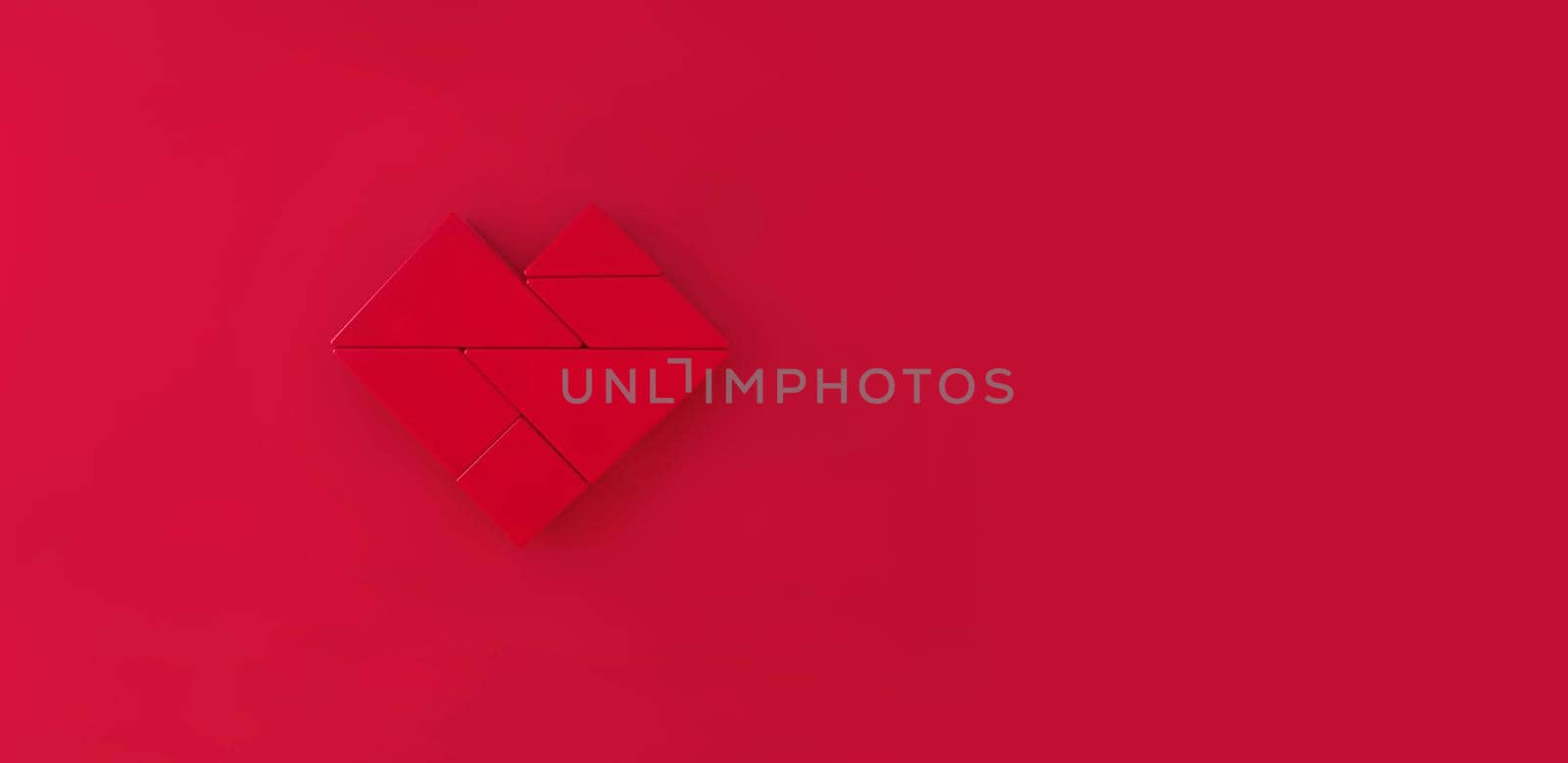 Red Heart tangram on red background with space for text. 3d rendering.