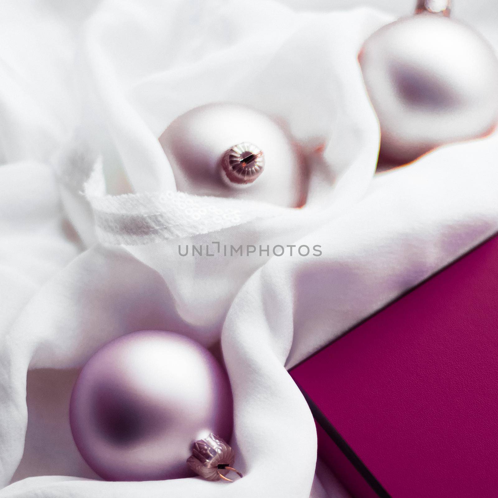 Holidays branding, happy giving and decoration concept - Christmas holiday background, festive baubles and purple vintage gift box as winter season present for luxury brand design