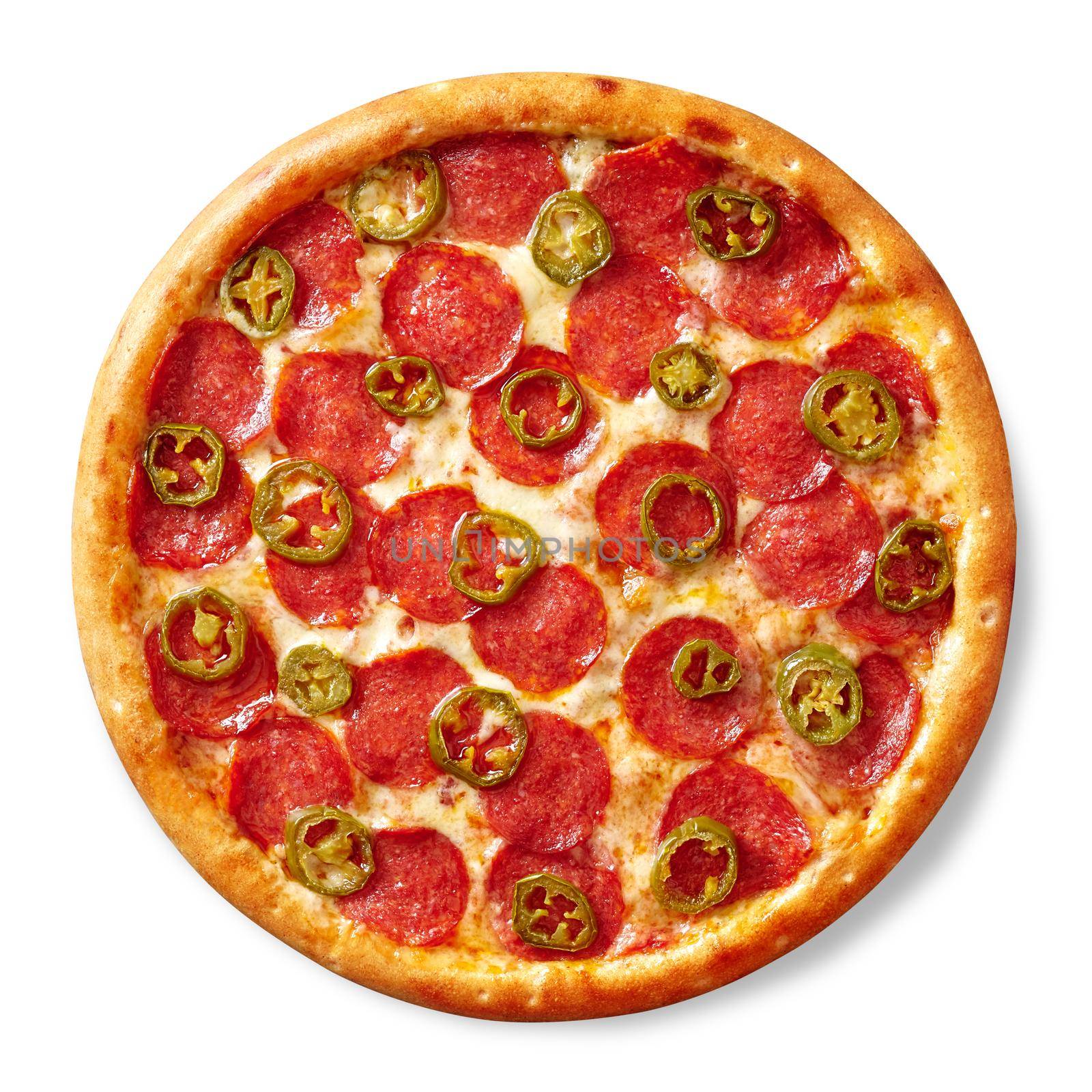 Top view of delicious spicy pizza with thinly sliced pepperoni, tomato sauce, mozzarella cheese and chopped jalapeno peppers isolated on white background. Italian cuisine