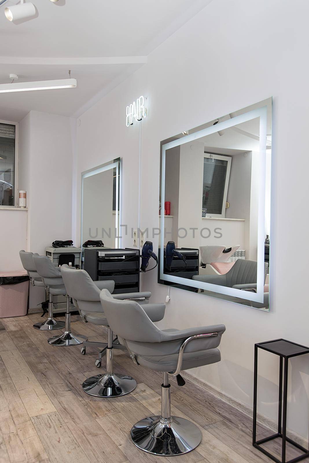 Workplace for haircut in barbershop, with backlit mirror by Ashtray25