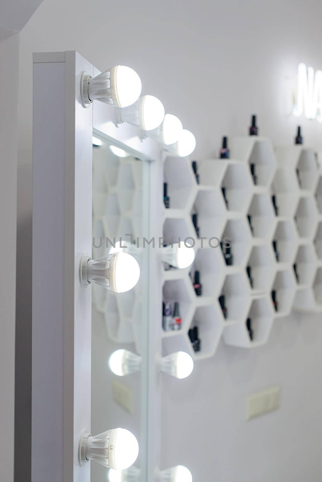 Make up mirror with light bulbs, backstage makeup room, selective focus by Ashtray25