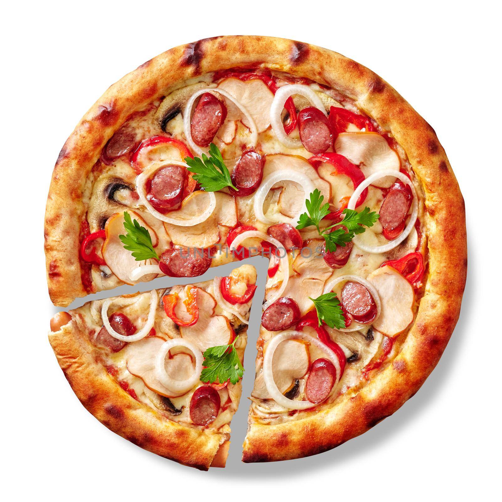 Top view of sliced appetizing pizza with Viennese sausages crust stuffed and filling of smoked chicken, hunting sausages, mushrooms, bell peppers, onions and fresh greens isolated on white background