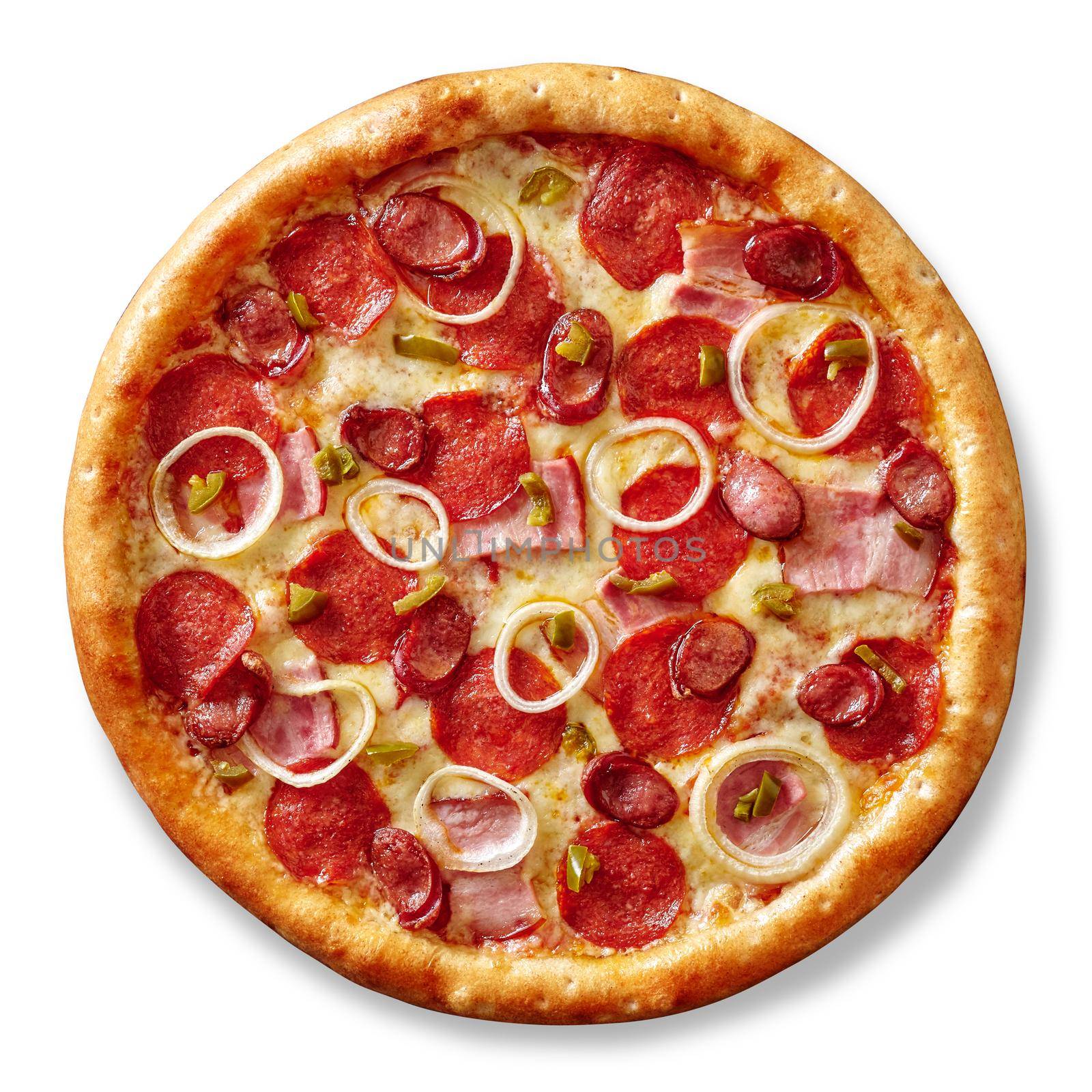 Top view of appetizing browned meat pizza with bacon, salami, hunting sausages, jalapeno and onions on layer of pelati sauce and melted mozzarella isolated on white background. Italian cuisine