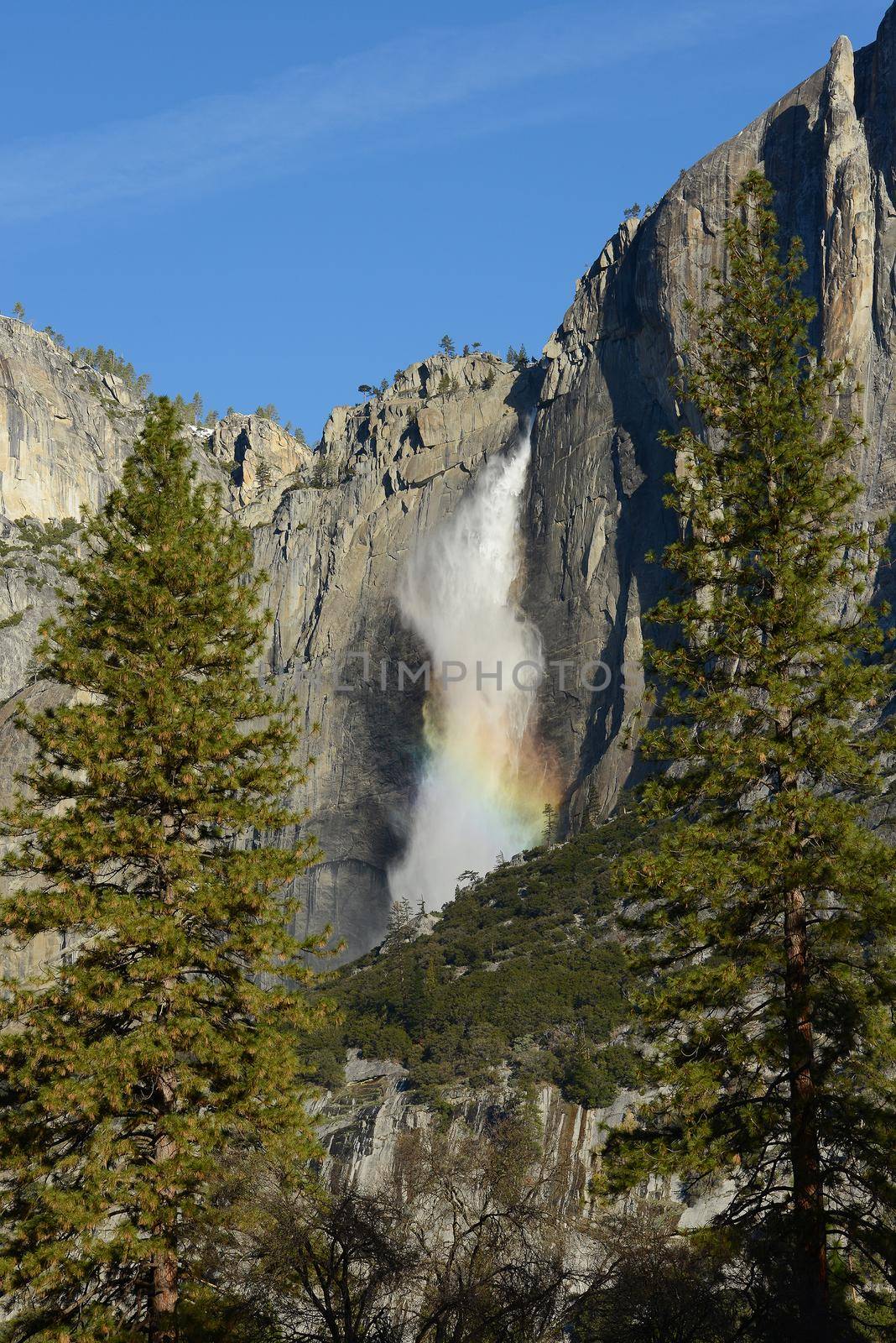 yosemite falls with rainbow in the morning