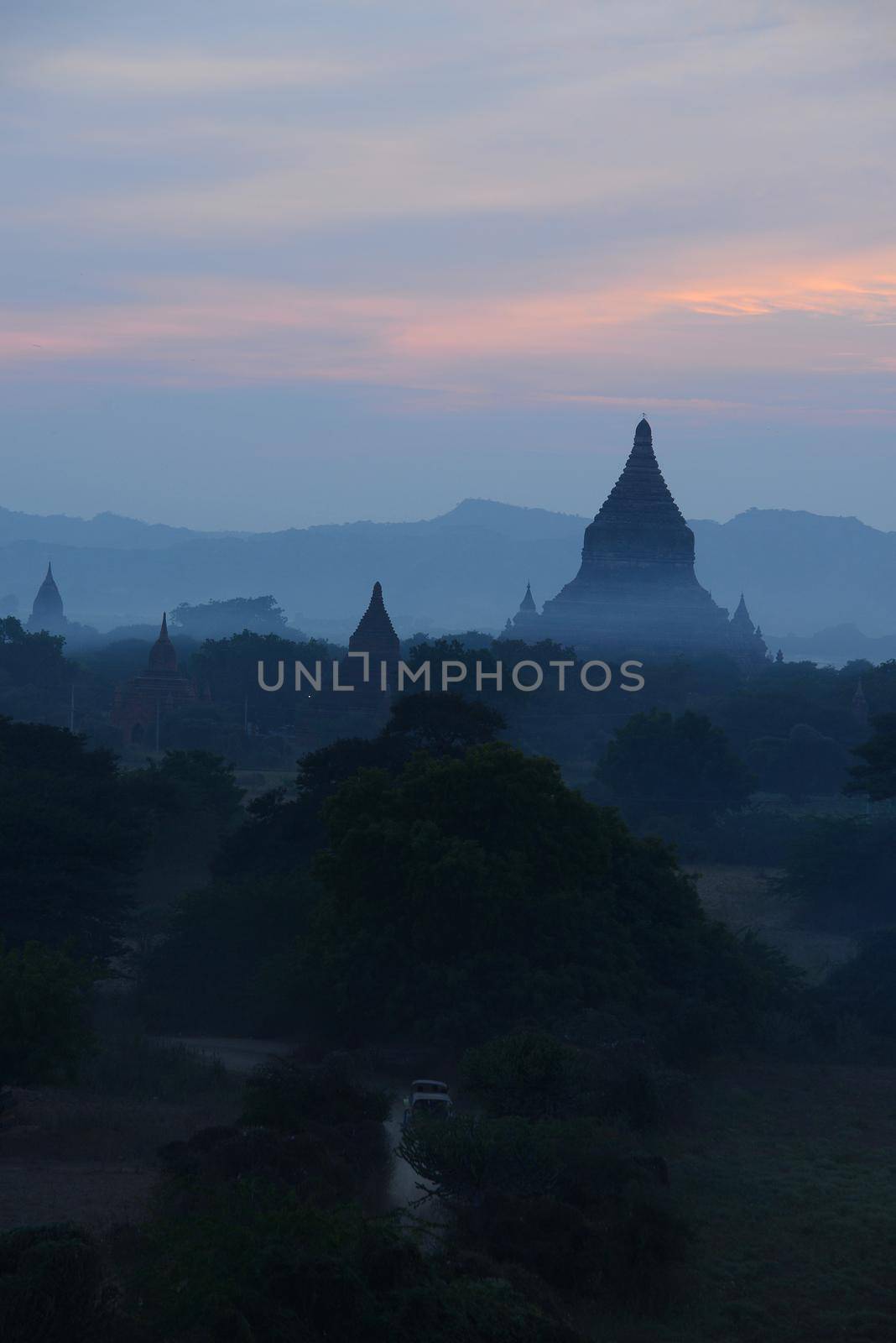 pagodas in bagan at sunset