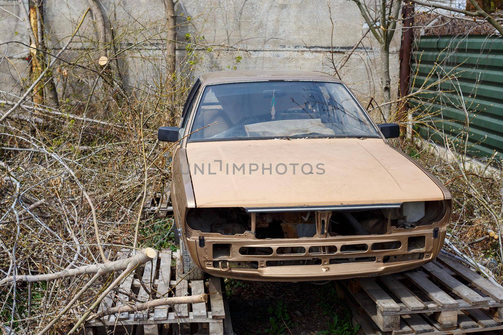 old car, rusty broken body, abandoned parking
