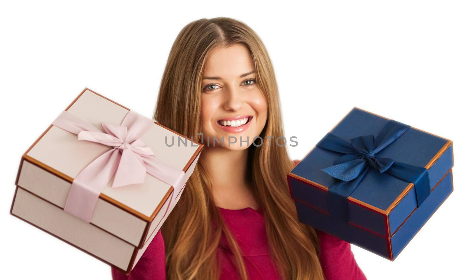 Birthday, Christmas gifts or holiday present, happy woman holding gift boxes isolated on white background by Anneleven