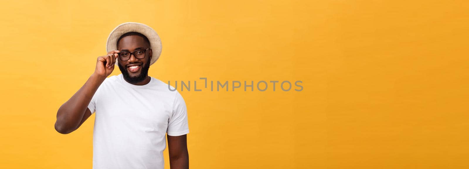 Close up portrait of young afro american shocked tourist , holding his eyewear, wearing tourist outfit, hat, with wide open eyes by Benzoix