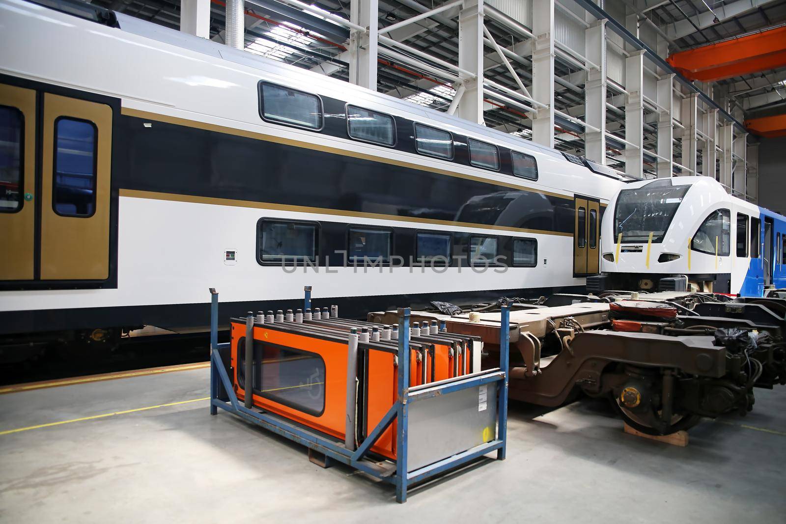 Inside the carriage assembly plant. Production workshop for the production of high-speed trains. Plant for the production of rolling stock of trains.