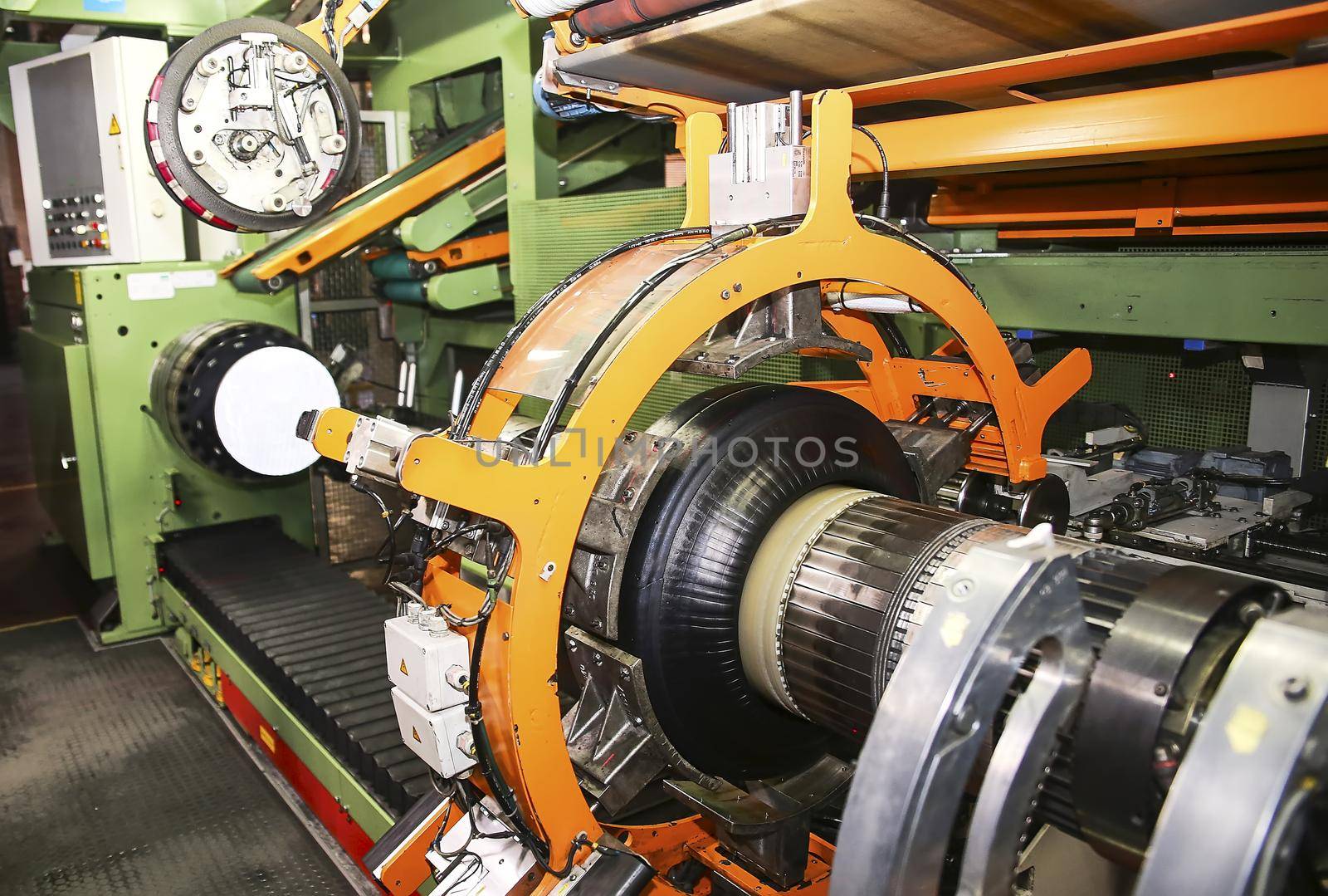 Workshop for the production of car tires. The machine is semi-automatic. Automotive manufacturing complex.