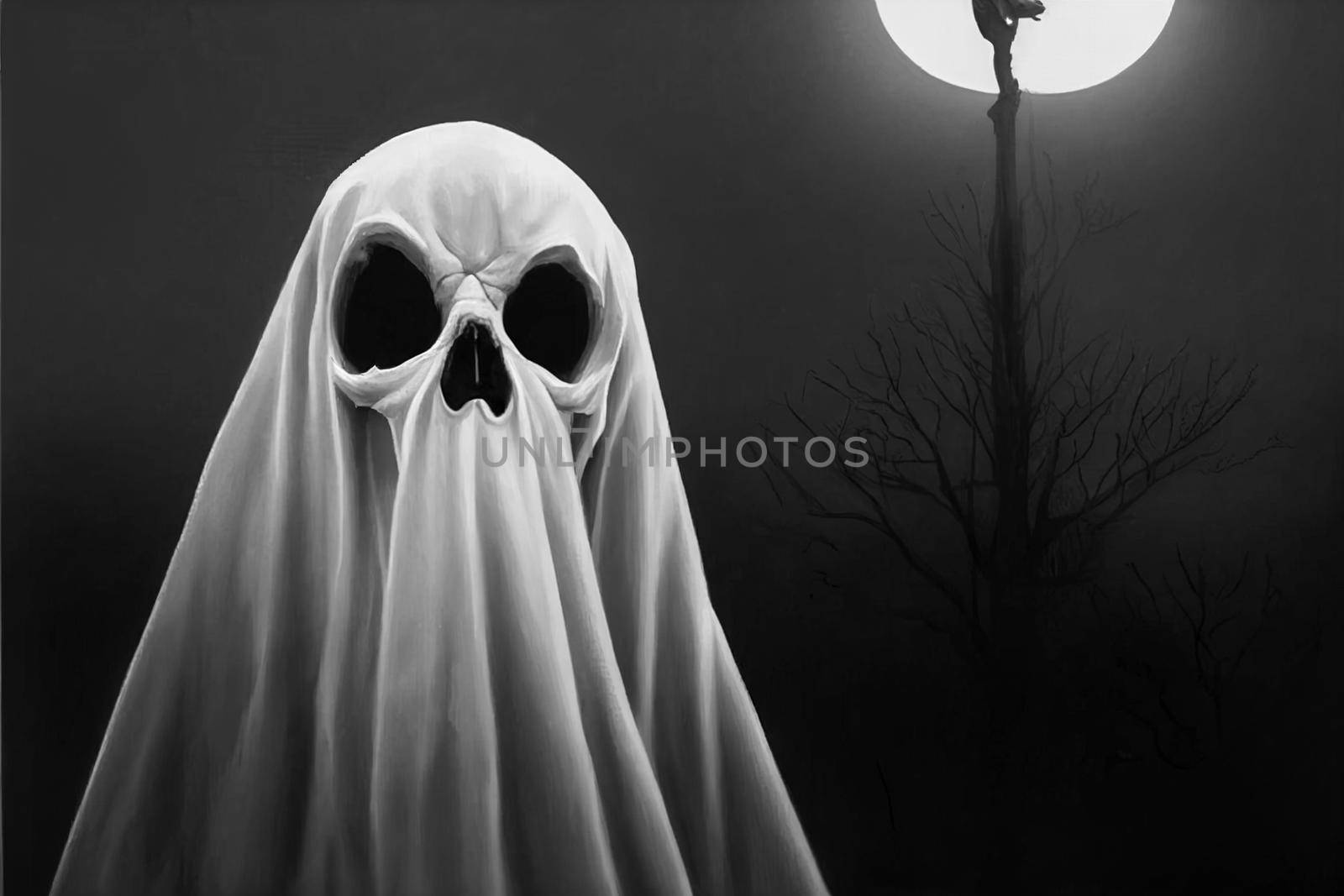Grim reaper collecting souls at night. Halloween festival concept. Black and white digital art, 3D illustration