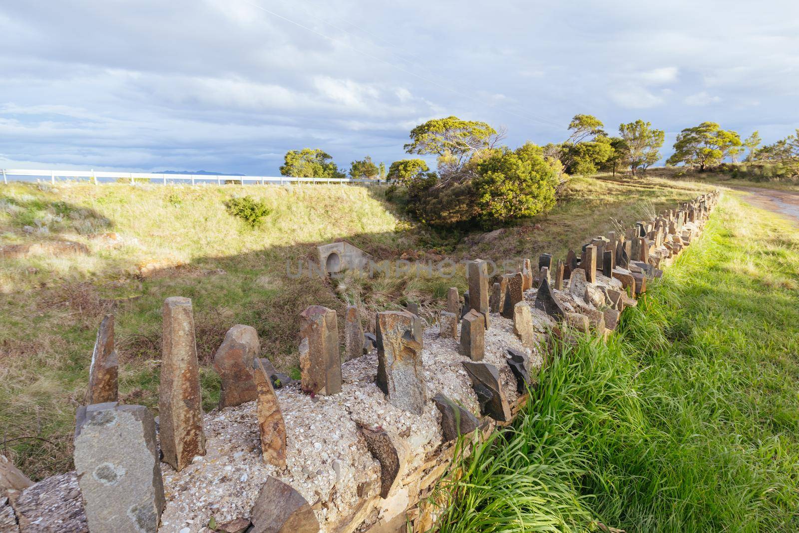 The famous Spiky Bridge and surrounding landscape built by convicts in mid 19th century near Swansea in Tasmania, Australia