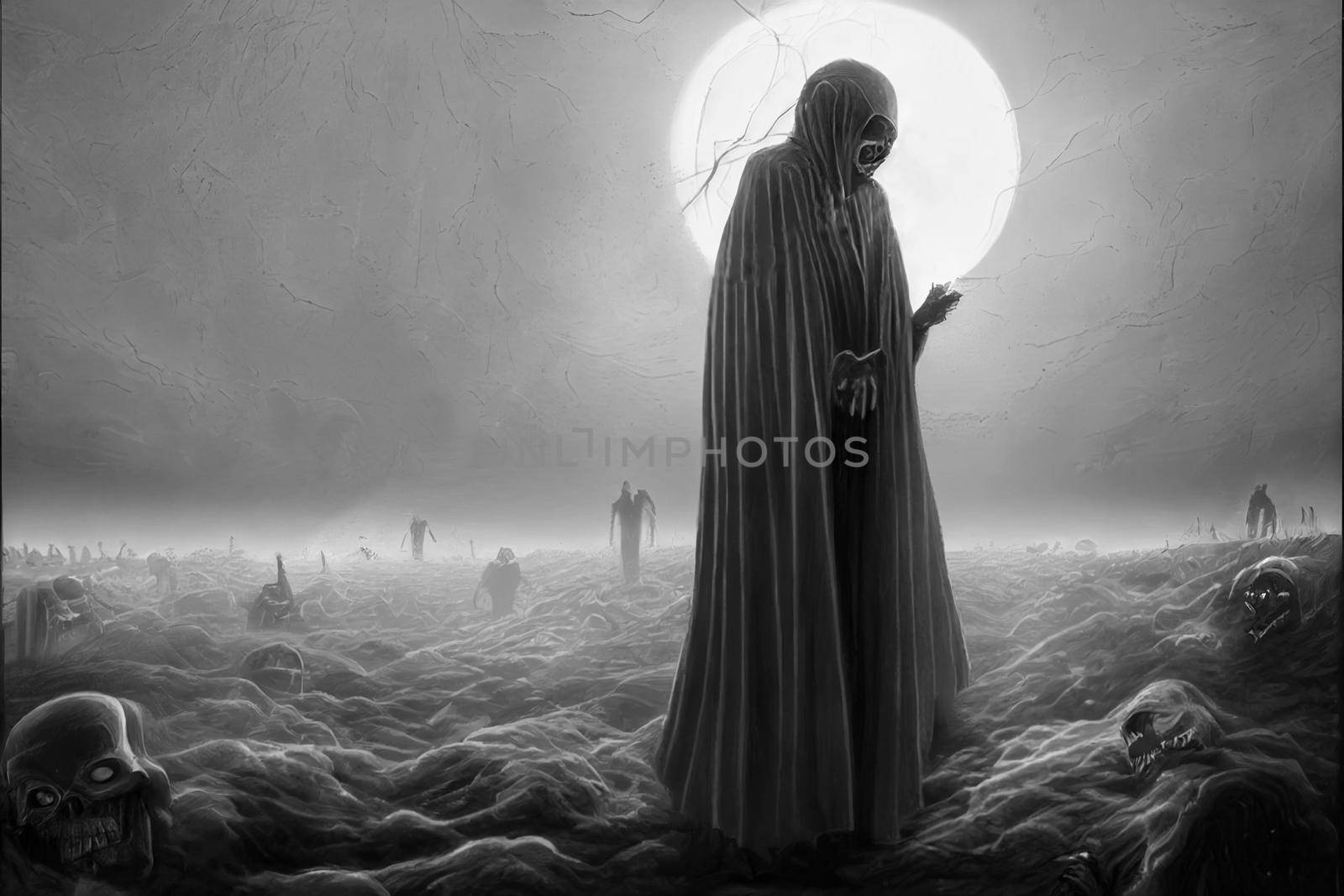 Grim reaper collecting souls at night. Halloween festival concept. Black and white digital art, 3D illustration