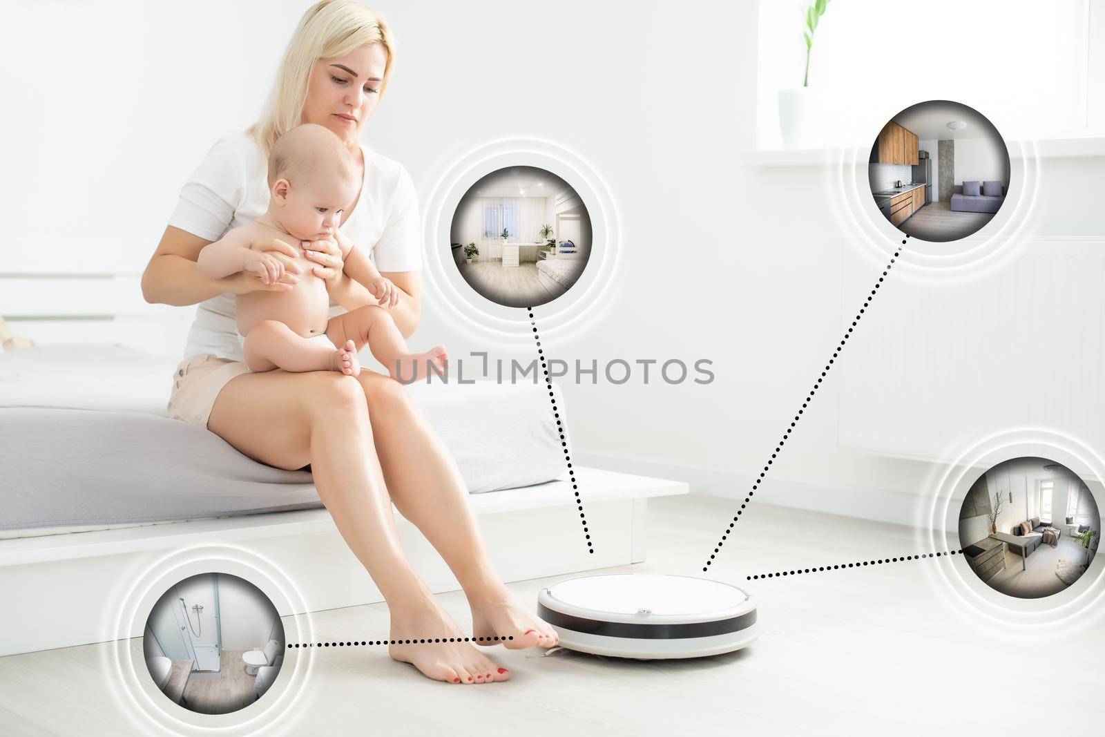 Cleaning automation robotic service. Cleaner touched smart phone robot arm icon on virtual cleanup screen. Modern smart clean support house, office.