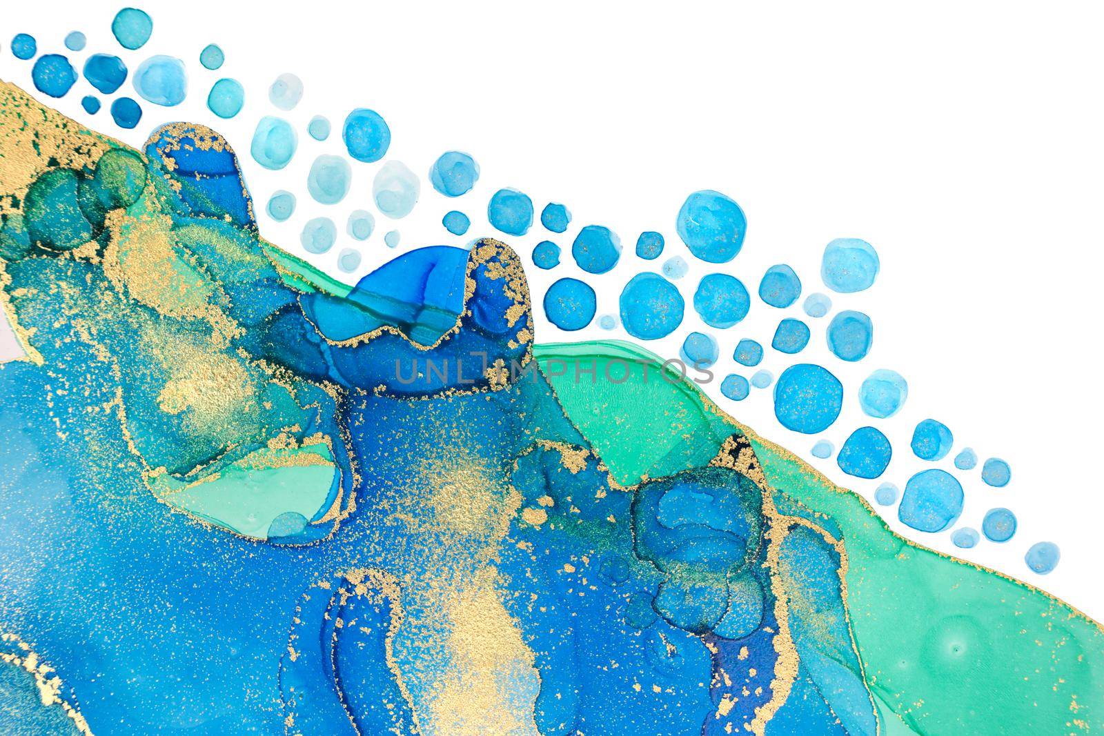 Abstract ocean foam print. Watercolor green and blue texture with gold glitter
