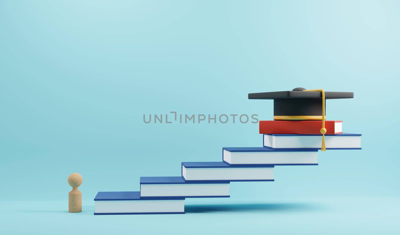Education concept design of wooden people sign and graduation cap on book stairs 3D render