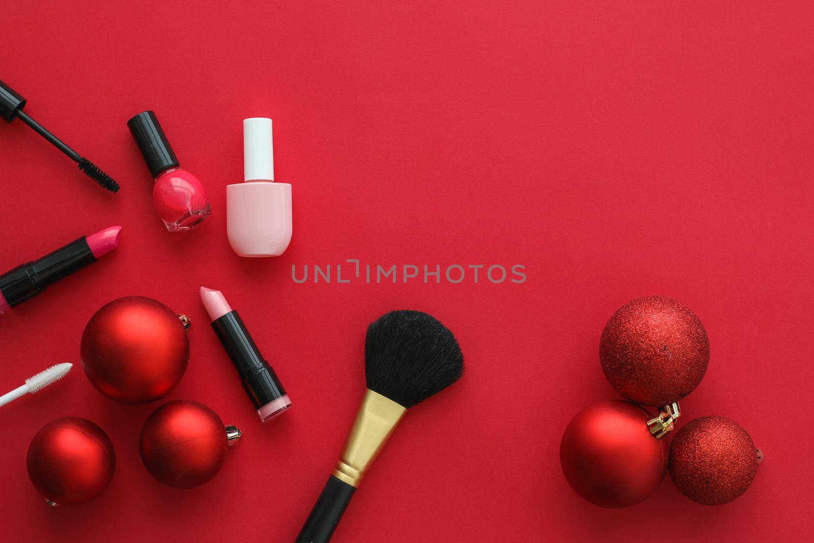 Cosmetic branding, fashion blog cover and girly glamour concept - Make-up and cosmetics product set for beauty brand Christmas sale promotion, luxury red flatlay background as holiday design