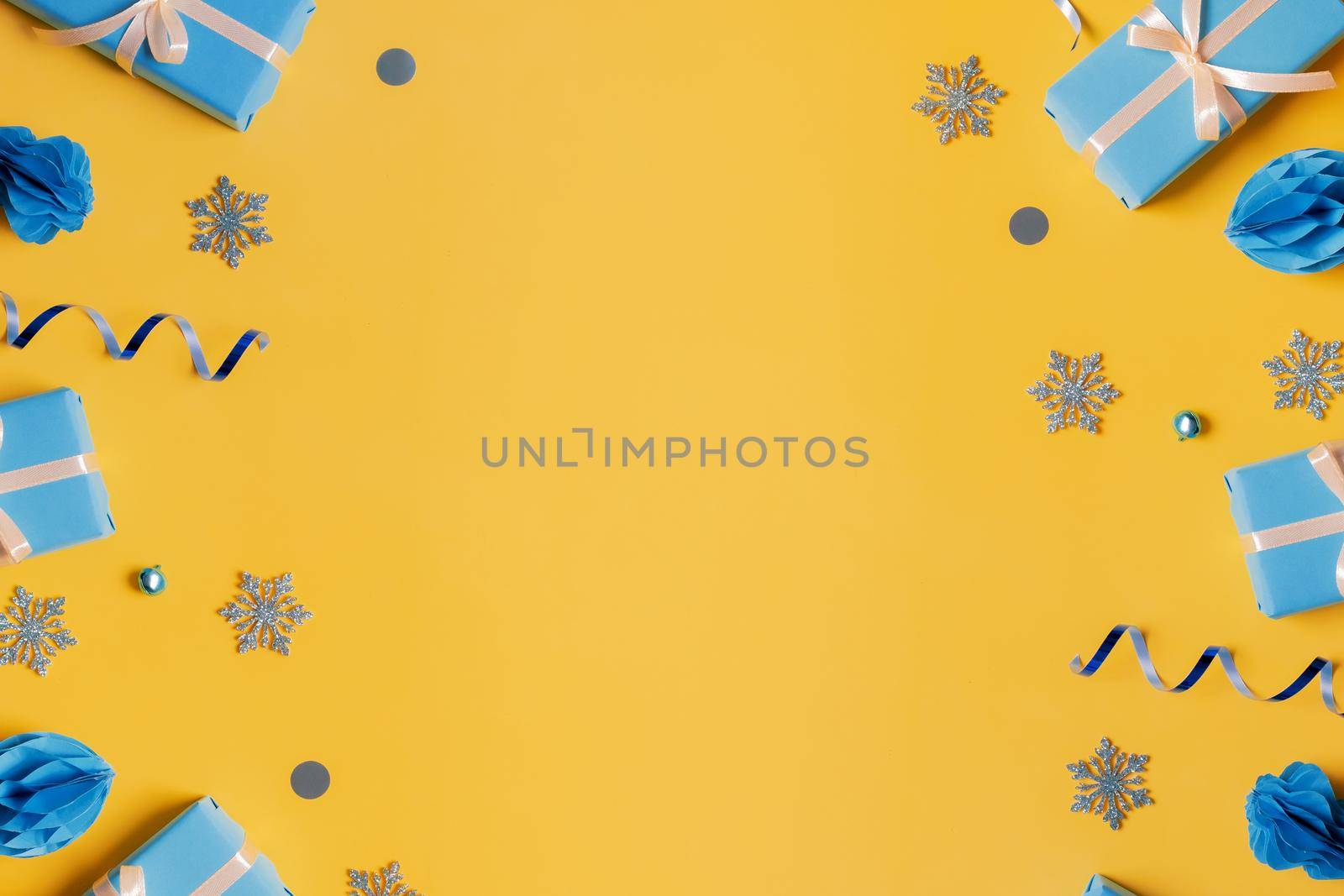 Christmas greeting card mock up in trendy yellow blue Ukrainian colors.