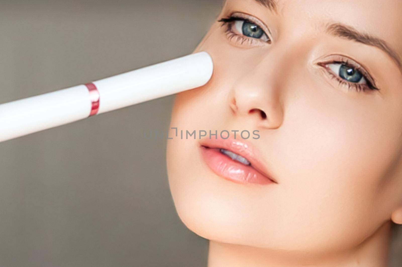 Anti aging cosmetology and beauty treatment product, woman using laser device for skin resurfacing as rejuvenation procedure and skincare routine, close-up