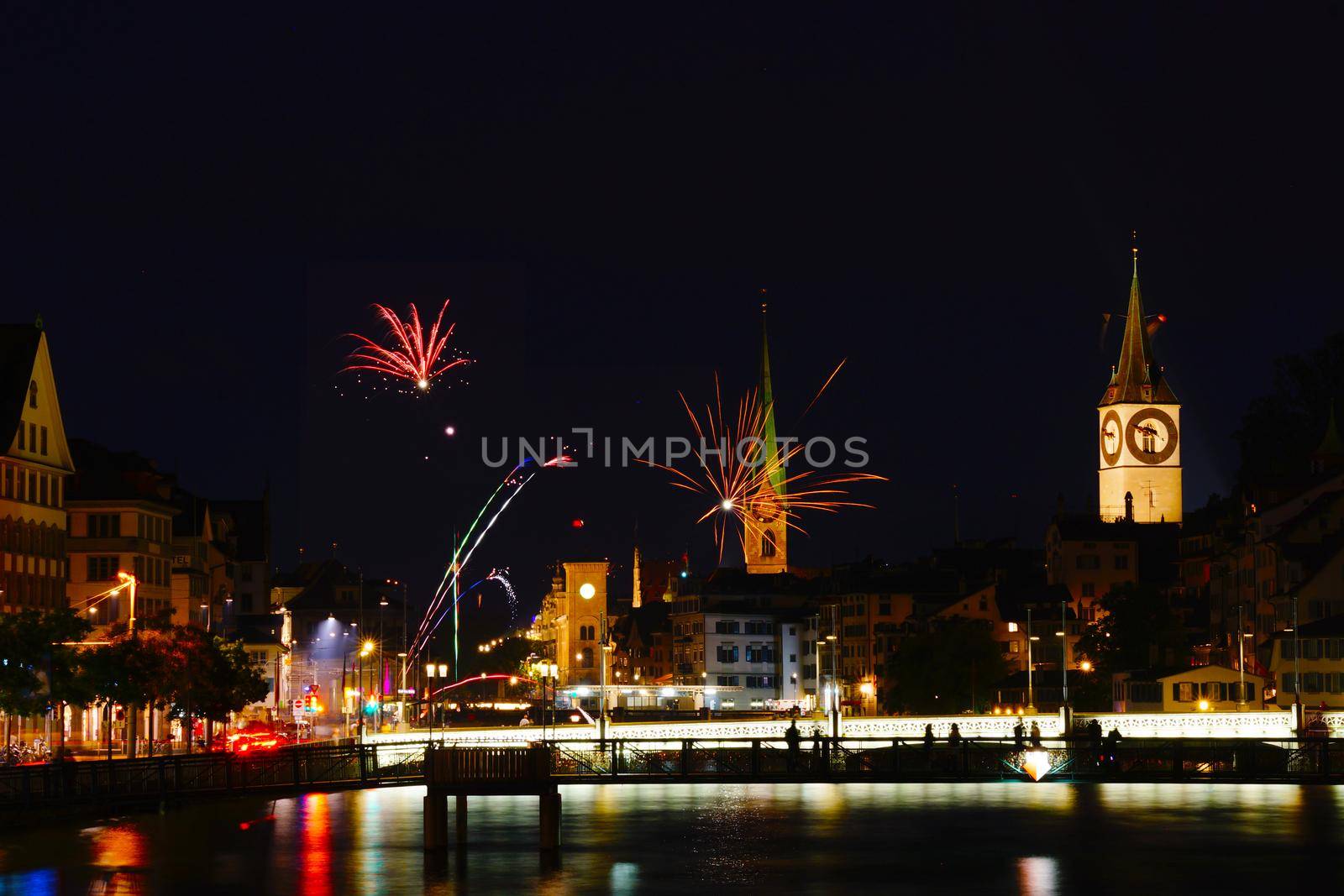 Zurich (Switzerland) National Holiday Fireworks. Shooting Location: Switzerland, Zurich