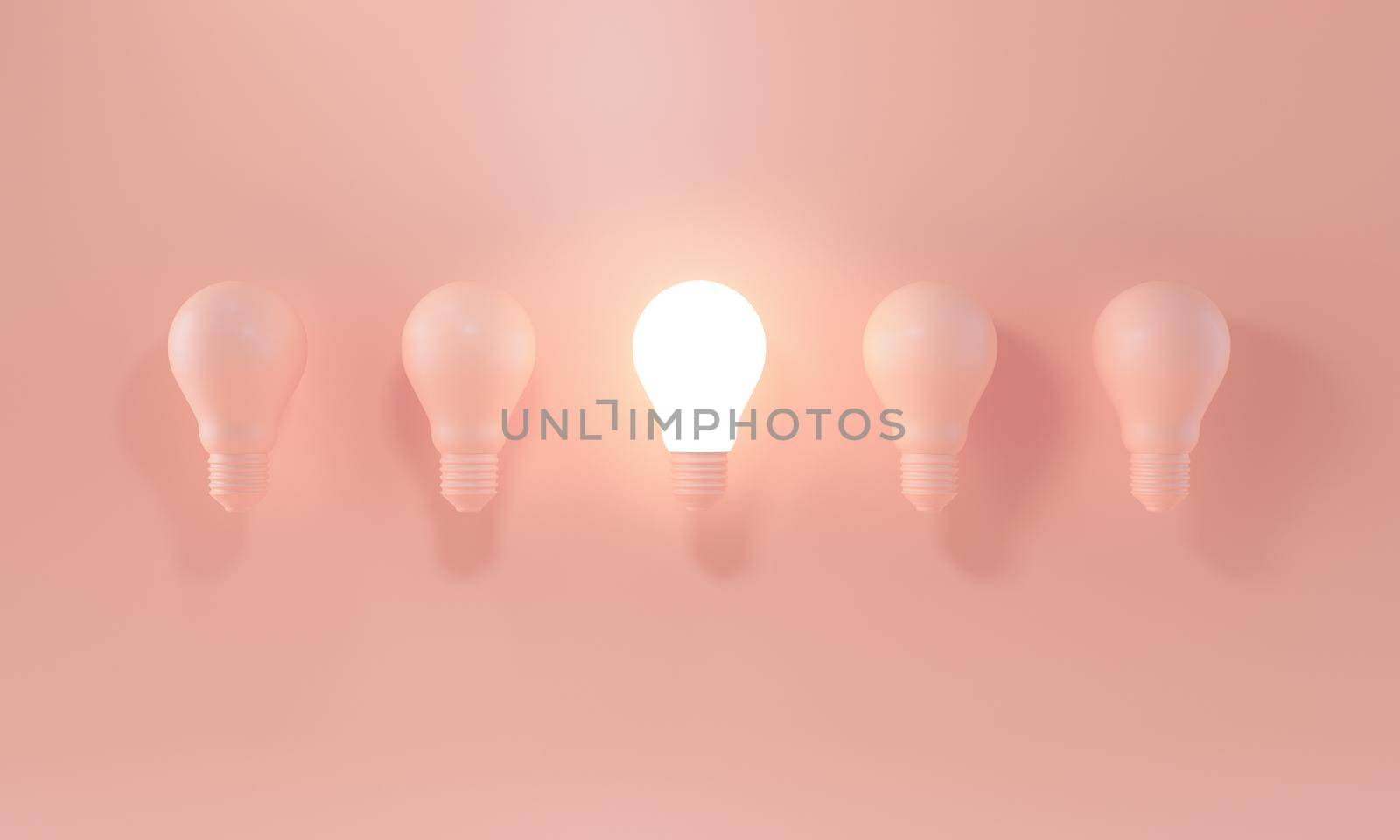 Glowing Light Bulb between the others on pastel orange background. Leadership, innovation, great idea and individuality concepts. 3d rendering.